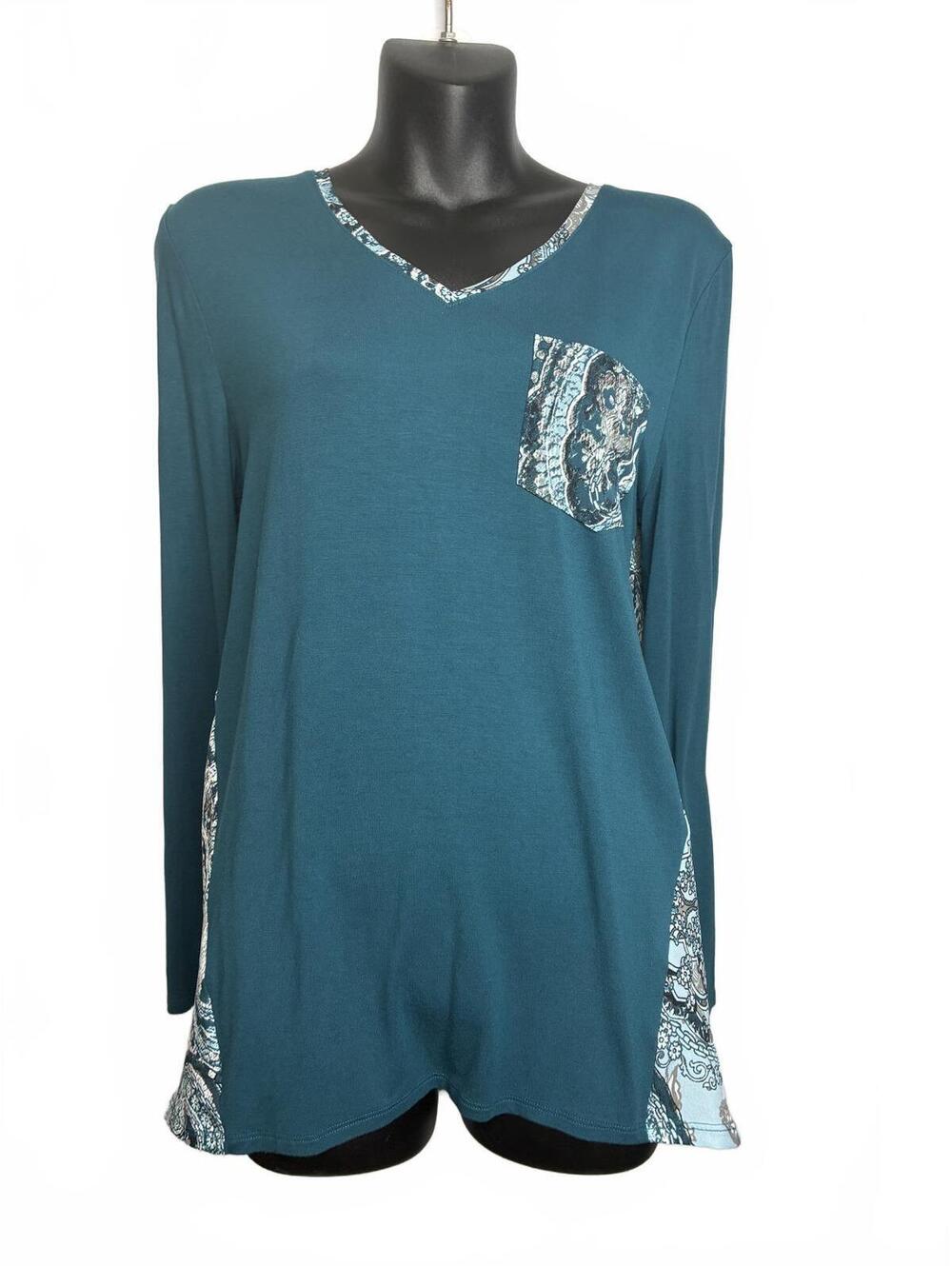 Chico's Women's 1 Long Sleeve V-Neck Top with Paisley Print Accents Women's M